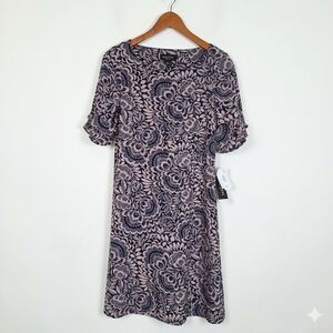 NWT Perceptions New York Navy & Pink Floral Ruffle Sleeve Shift Dress Size S